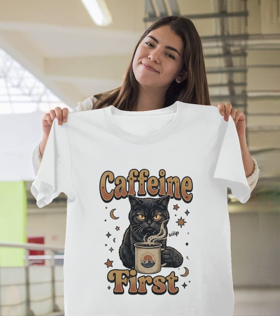 Caffeine First Cat With Coffee Moon Stars T-Shirt