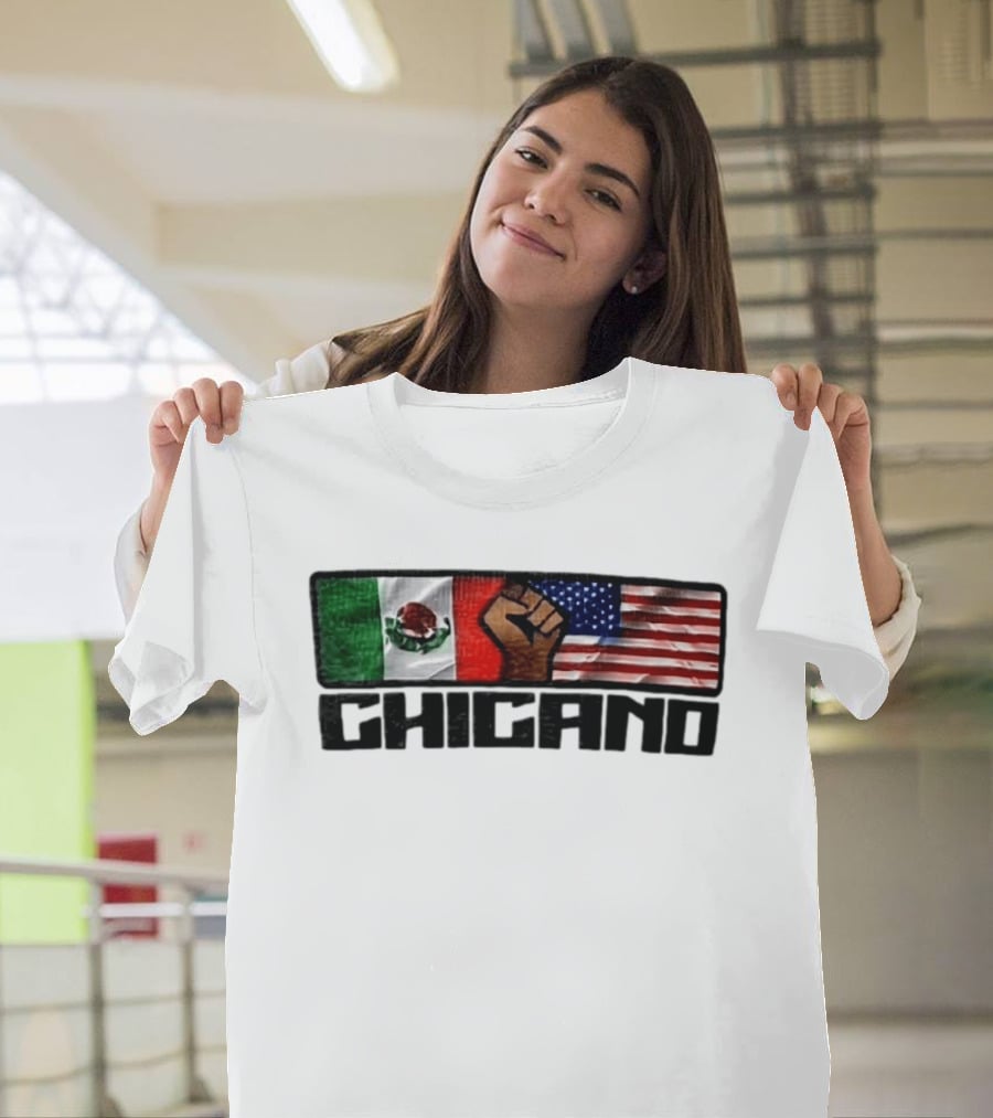 Chicano Mexican And American Flags With Raised Fist T-Shirt