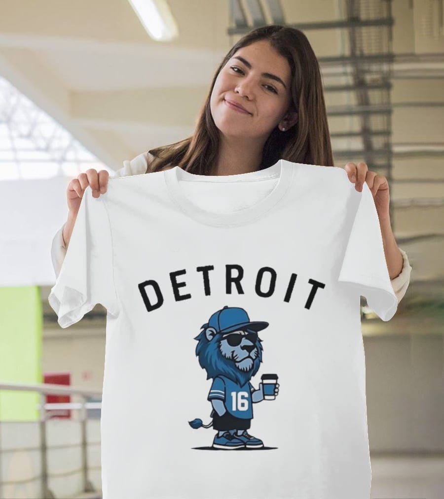 Detroit Lions Lion Mascot Jersey 16 With Coffee T-Shirt