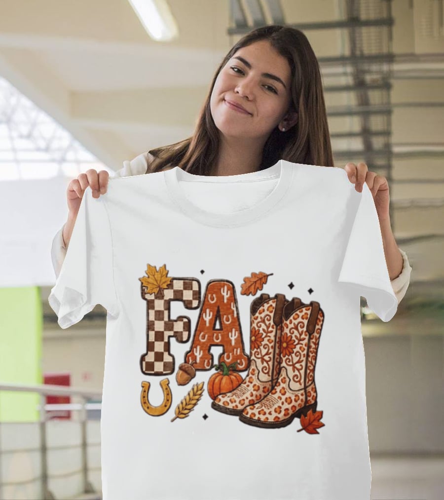 Fall Western Cowboy Boots Pumpkin Horseshoe Wheat Harvest Season T-Shirt