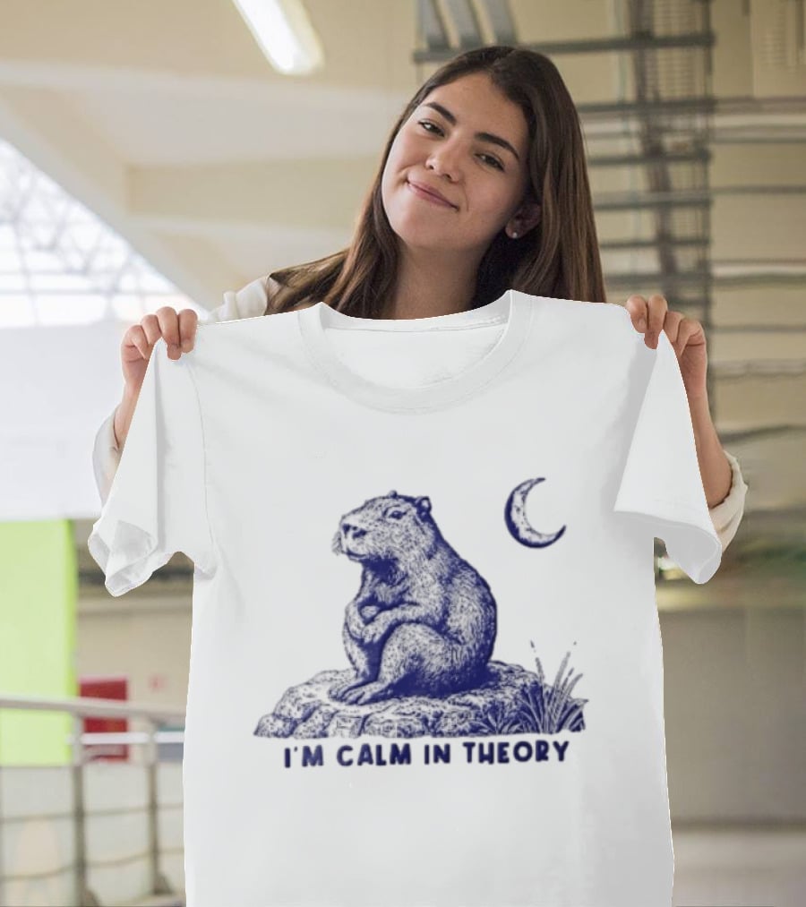 I'm Calm In Theory Capybara Sitting On Rock Under Crescent Moon T-Shirt
