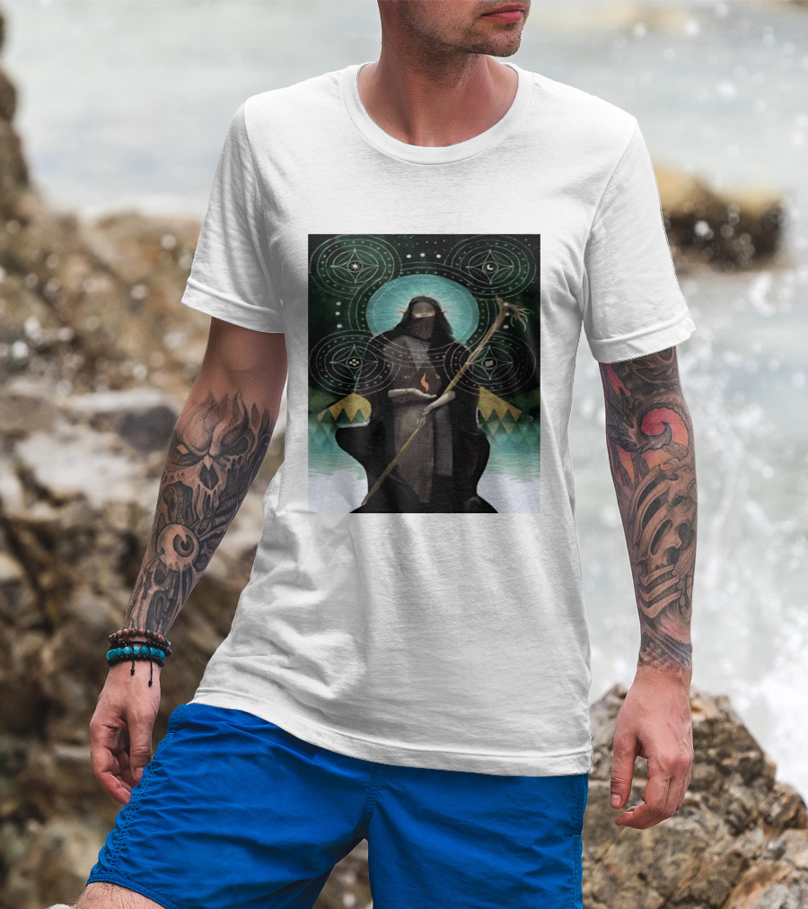 Mystical Elf Mage Staff Elemental Magic Symbols Enchanted Circles T-Shirt