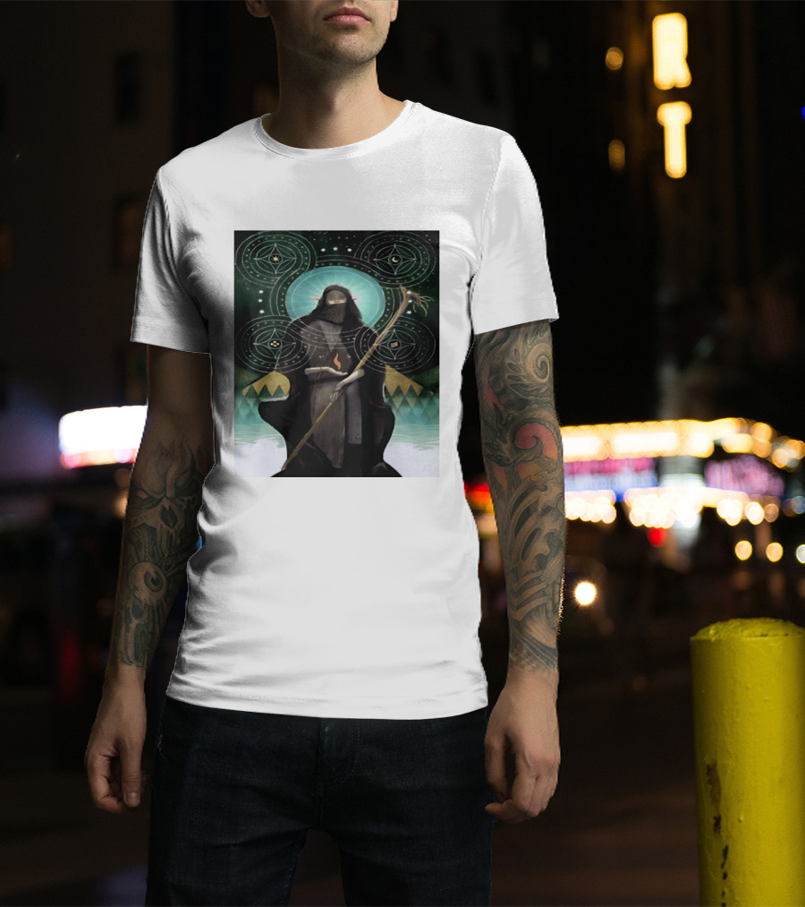 Mystical Elf Mage Staff Elemental Magic Symbols Enchanted Circles T-Shirt