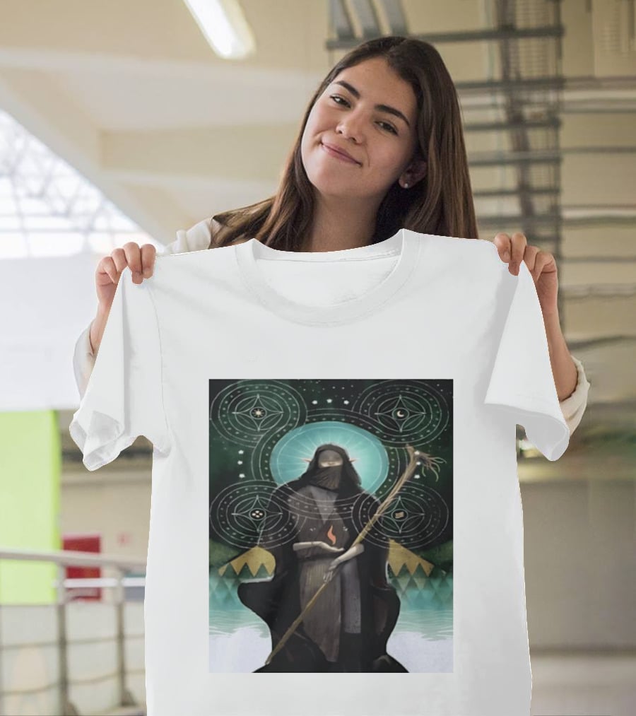 Mystical Elf Mage Staff Elemental Magic Symbols Enchanted Circles T-Shirt