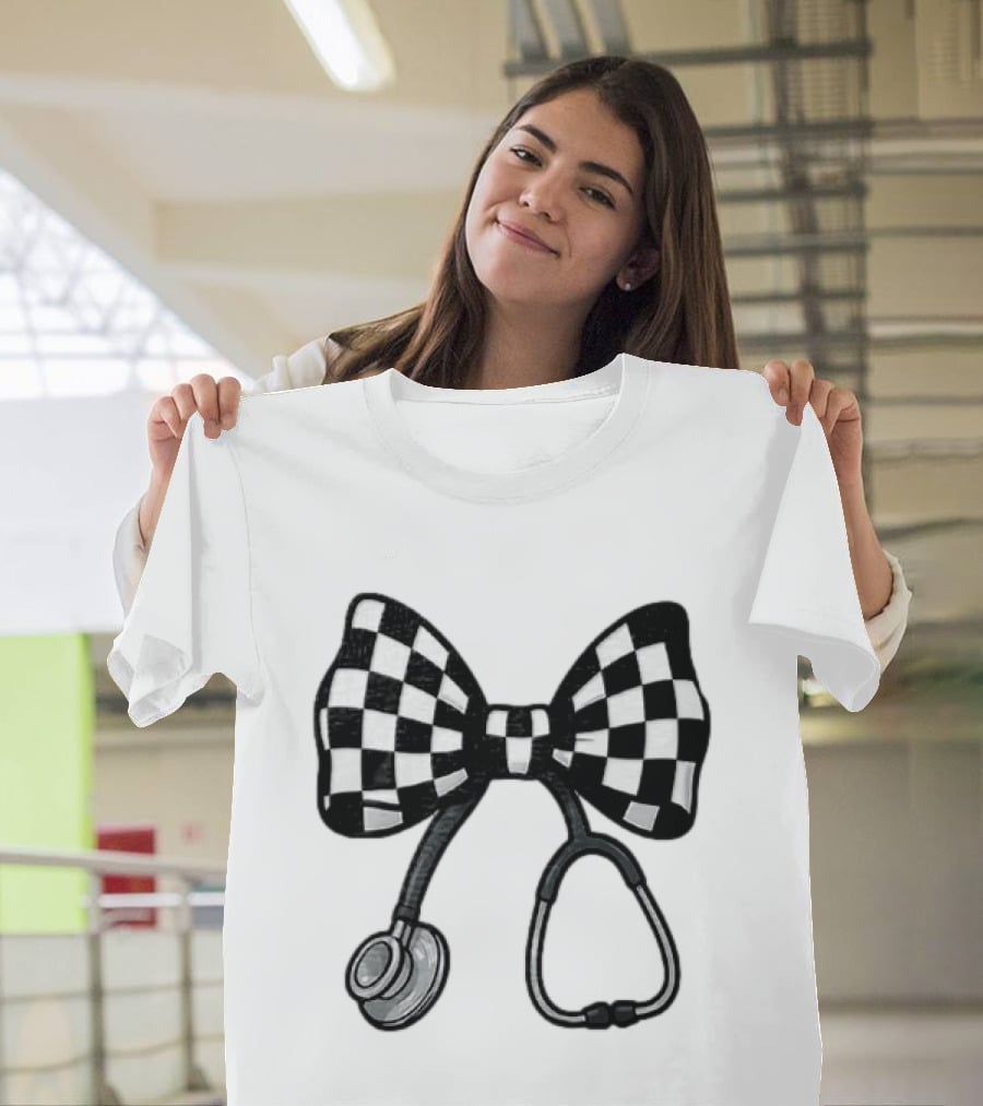 Checkered Bow Stethoscope Medical Nurse T-Shirt