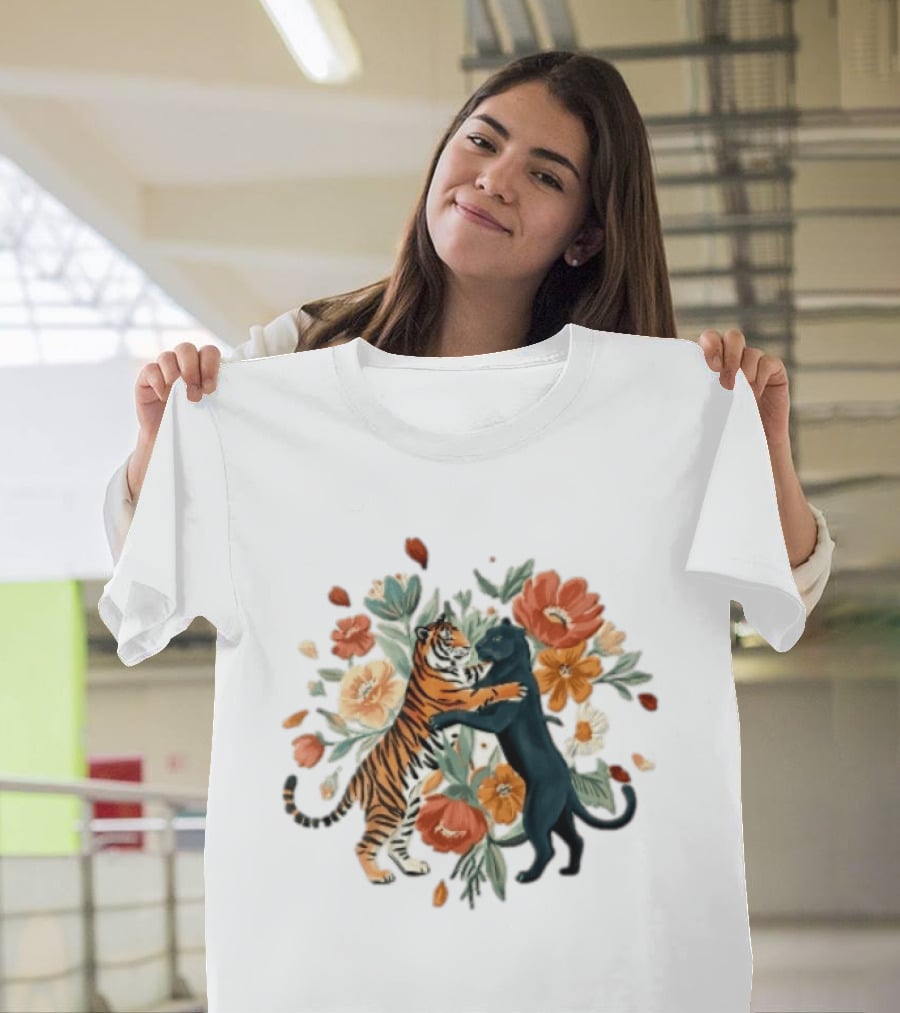 Tiger Black Panther Embrace Floral Bouquet Watercolor T-Shirt