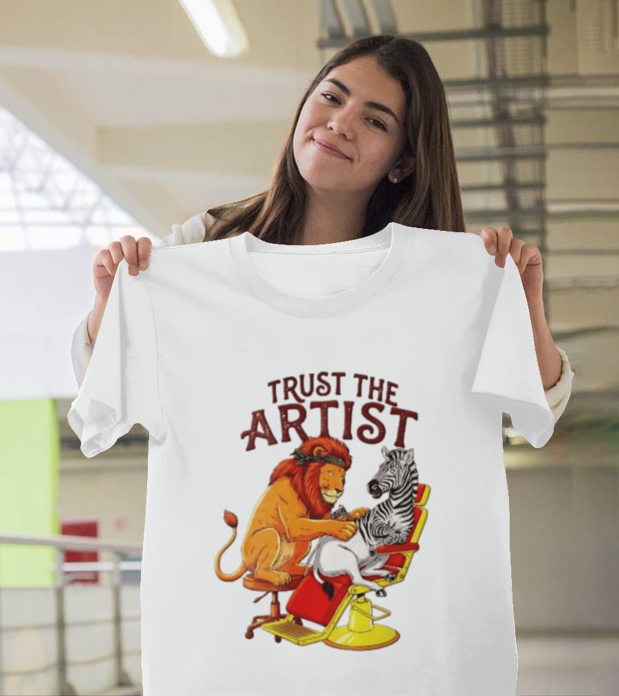 Trust The Artist Lion Tattooing Zebra In Barber Chair T-Shirt