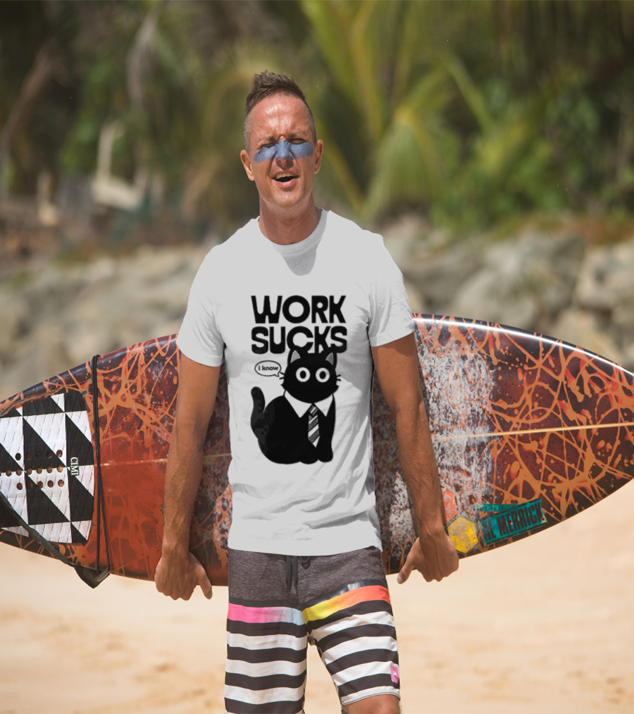 Work Sucks I Know Cartoon Black Cat T-Shirt