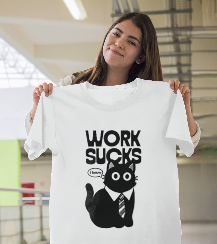Work Sucks I Know Cartoon Black Cat T-Shirt