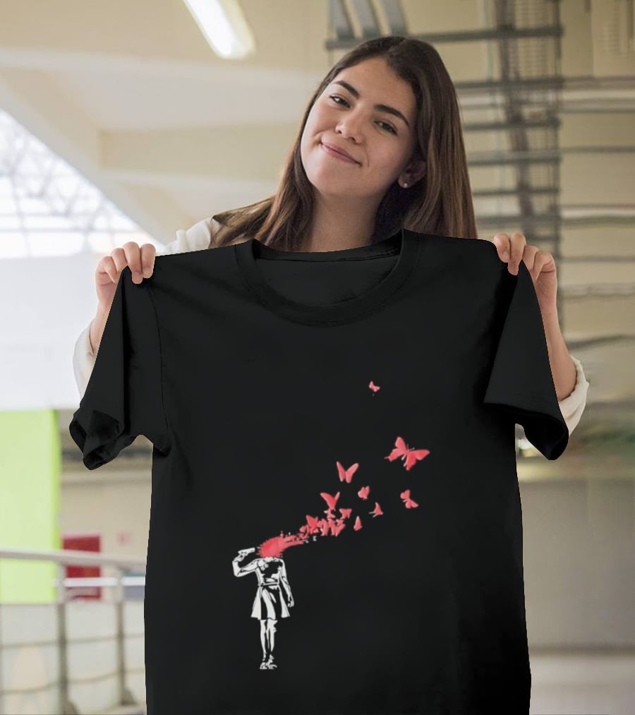 Banksy Girl Red Butterfly Burst Explosion T-Shirt
