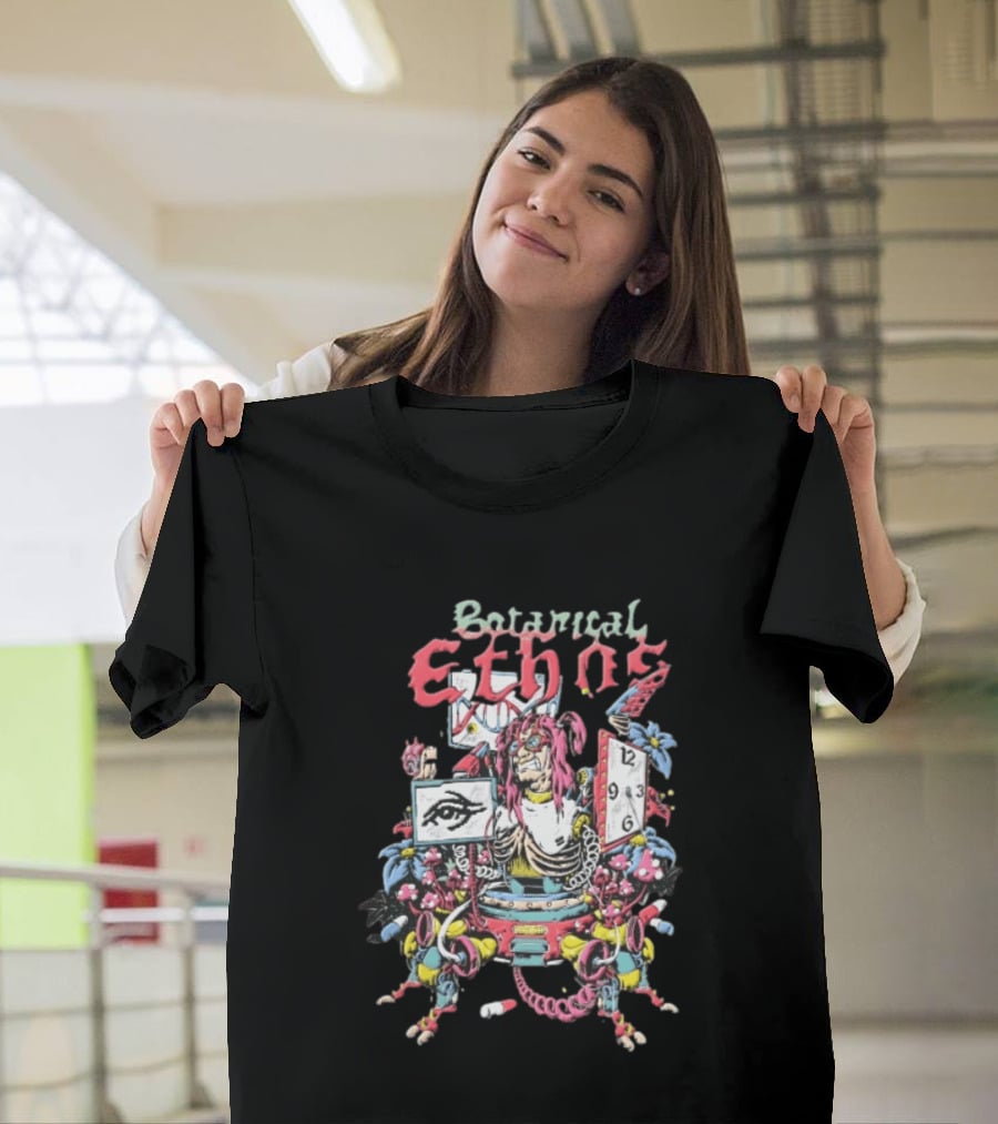 Botanical Ethnos Cyberpunk Cyborg DNA Strand Pill Mushroom Cartoon T-Shirt