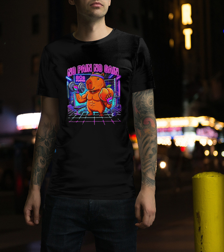 Capybara No Pain No Gain 80s Power Lifting Fitness Workout Gym T-Shirt