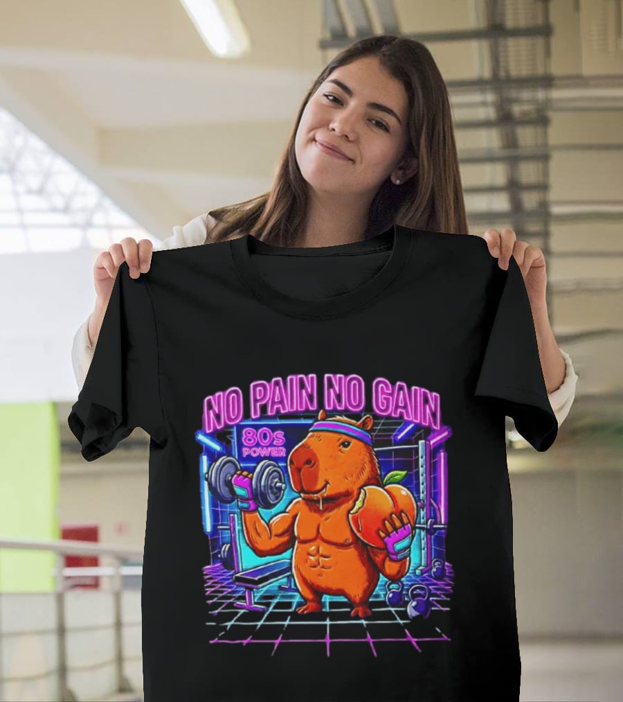 Capybara No Pain No Gain 80s Power Lifting Fitness Workout Gym T-Shirt