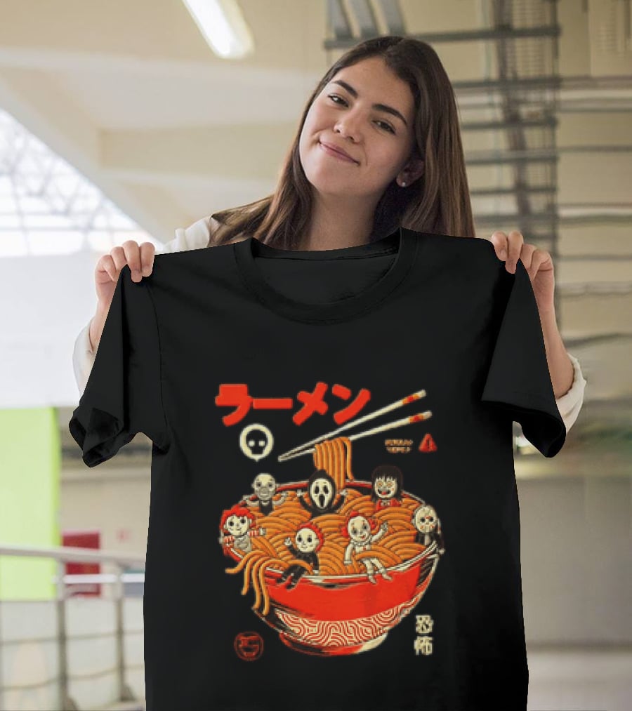 Chucky Ghostface Kayako Michael Myers Pennywise Jason Voorhees Ramen Horror Characters Eat Scream T-Shirt
