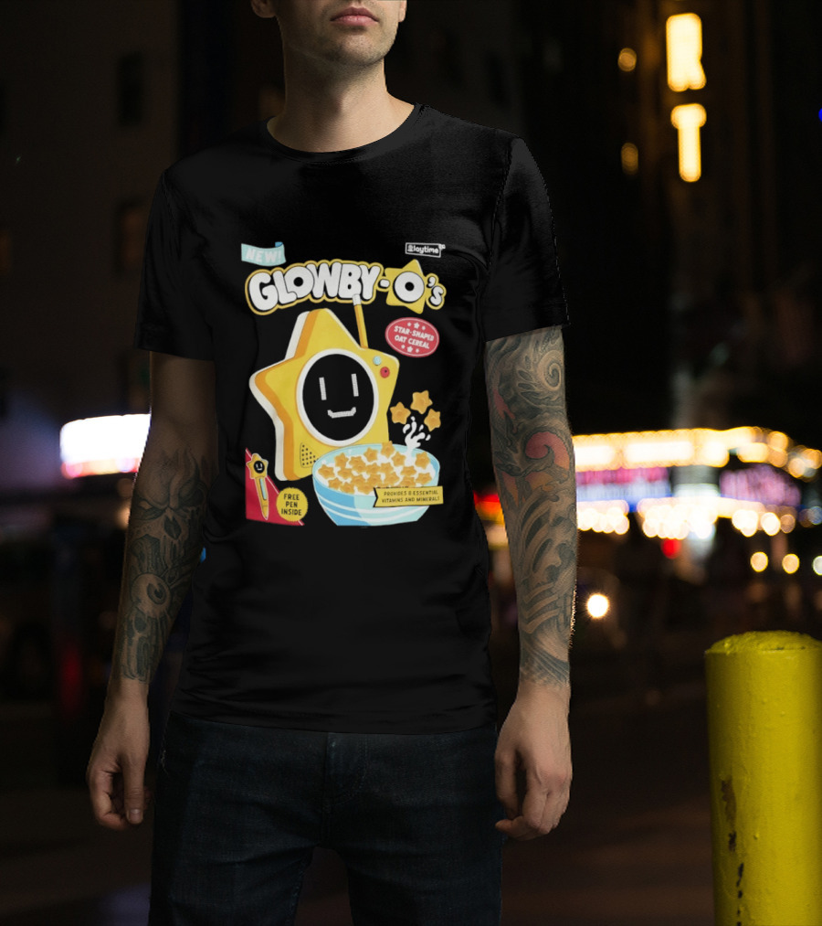 NEW Playtime Co Glowby O's Star Shaped Oat Cereal Box With Smiling Star And Bowl Of Cereal Bites T-Shirt