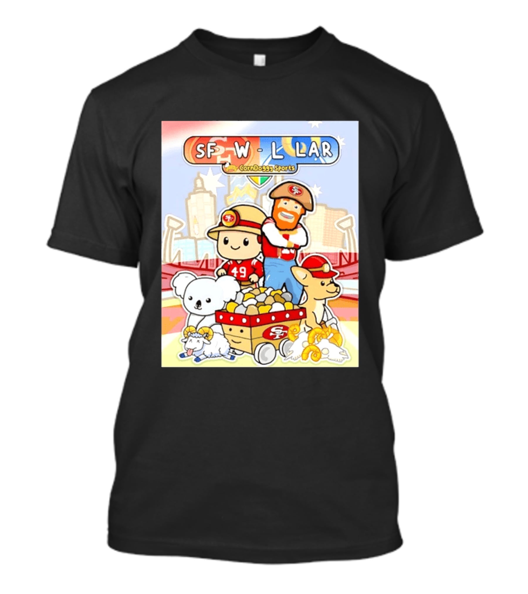 SF 49ers Vs LAR CornDoggy Sports Matchup With Cute Characters And Animals T-Shirt