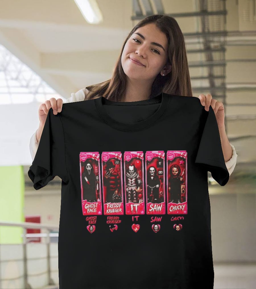 Ghost Face Freddy Krueger IT Saw Chucky Horror Characters Cards Collectible Toy Box Hearts T-Shirt