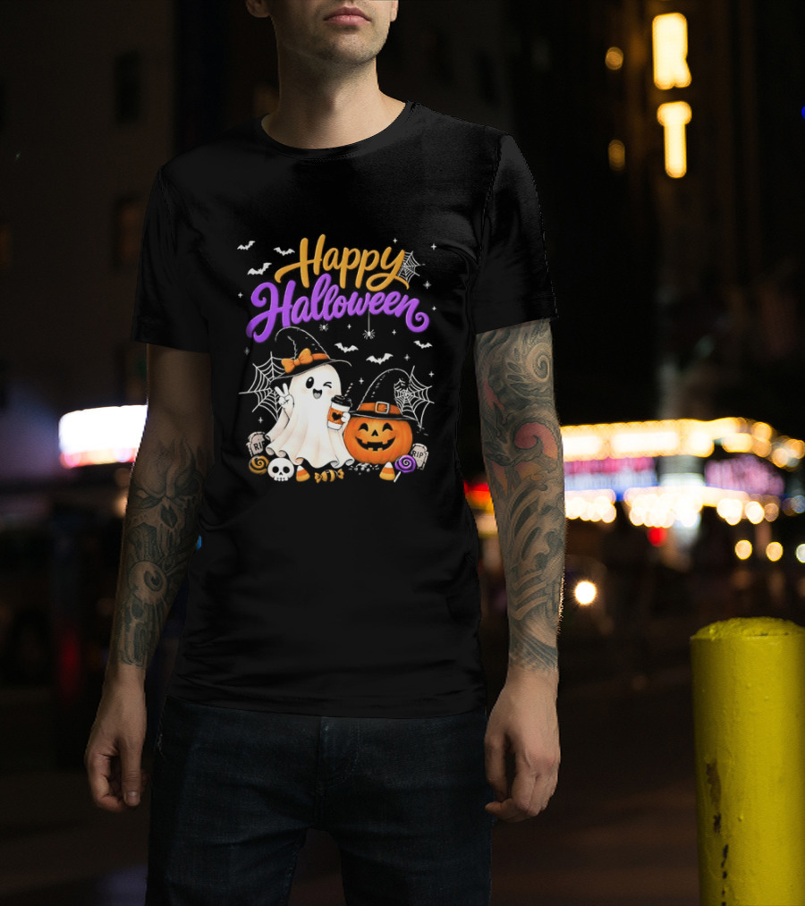 Happy Halloween Ghost Pumpkin Candy And Spider Webs T-Shirt