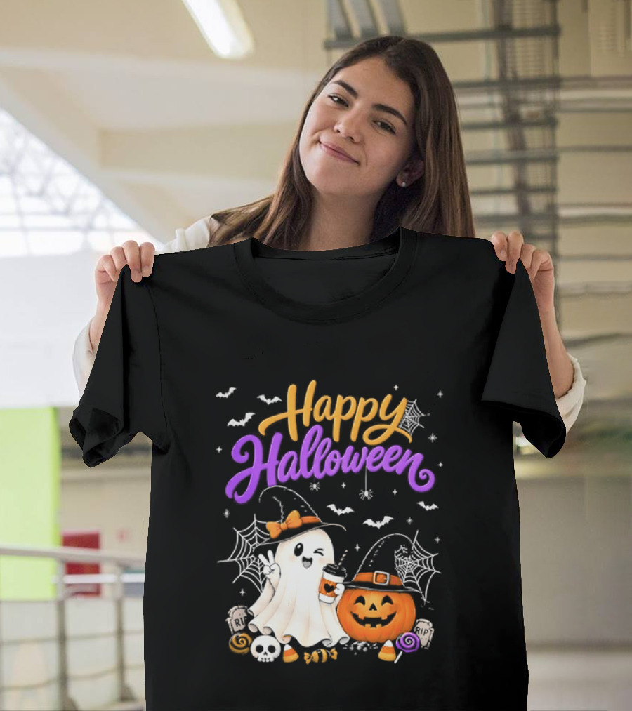Happy Halloween Ghost Pumpkin Candy And Spider Webs T-Shirt
