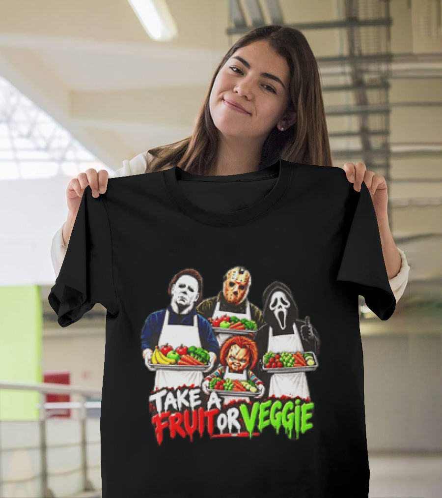 Michael Myers Jason Voorhees Ghostface Chucky Horror Movie Take A Fruit Or Veggie T-Shirt