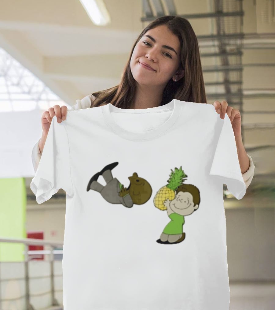 Cartoon Smiling Boy With Upside Down Pineapple Suit Person T-Shirt