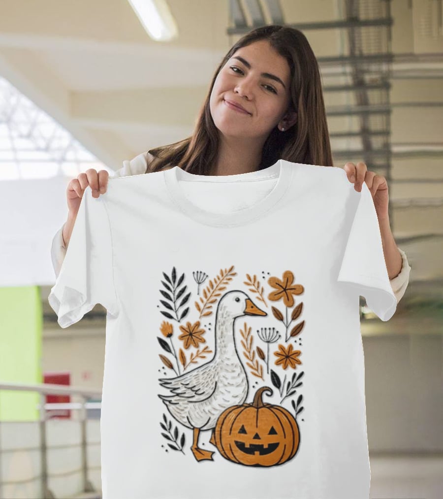 Goose With Jack O' Lantern Pumpkin Autumn Leaves And Flowers T-Shirt