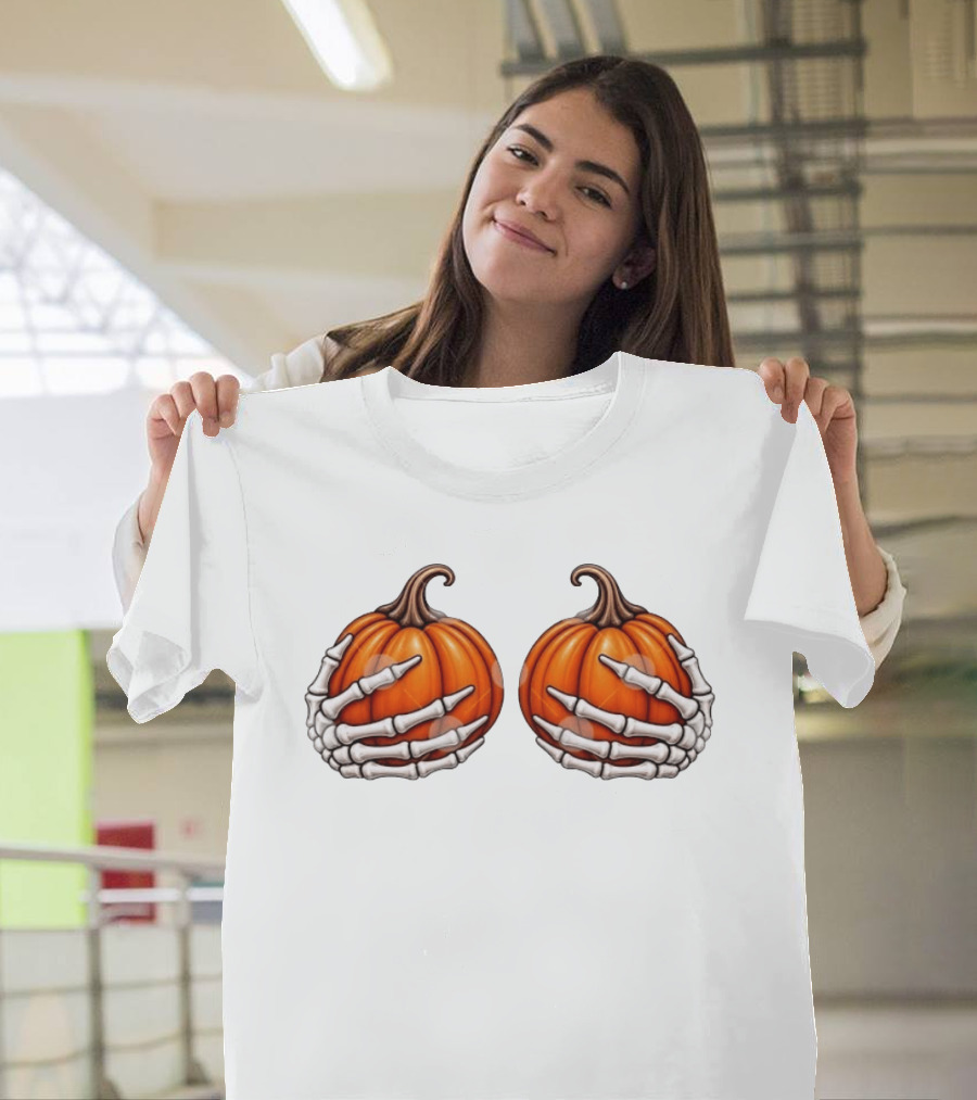 Skeleton Hands Holding Pumpkins Halloween Scary Realistic T-Shirt