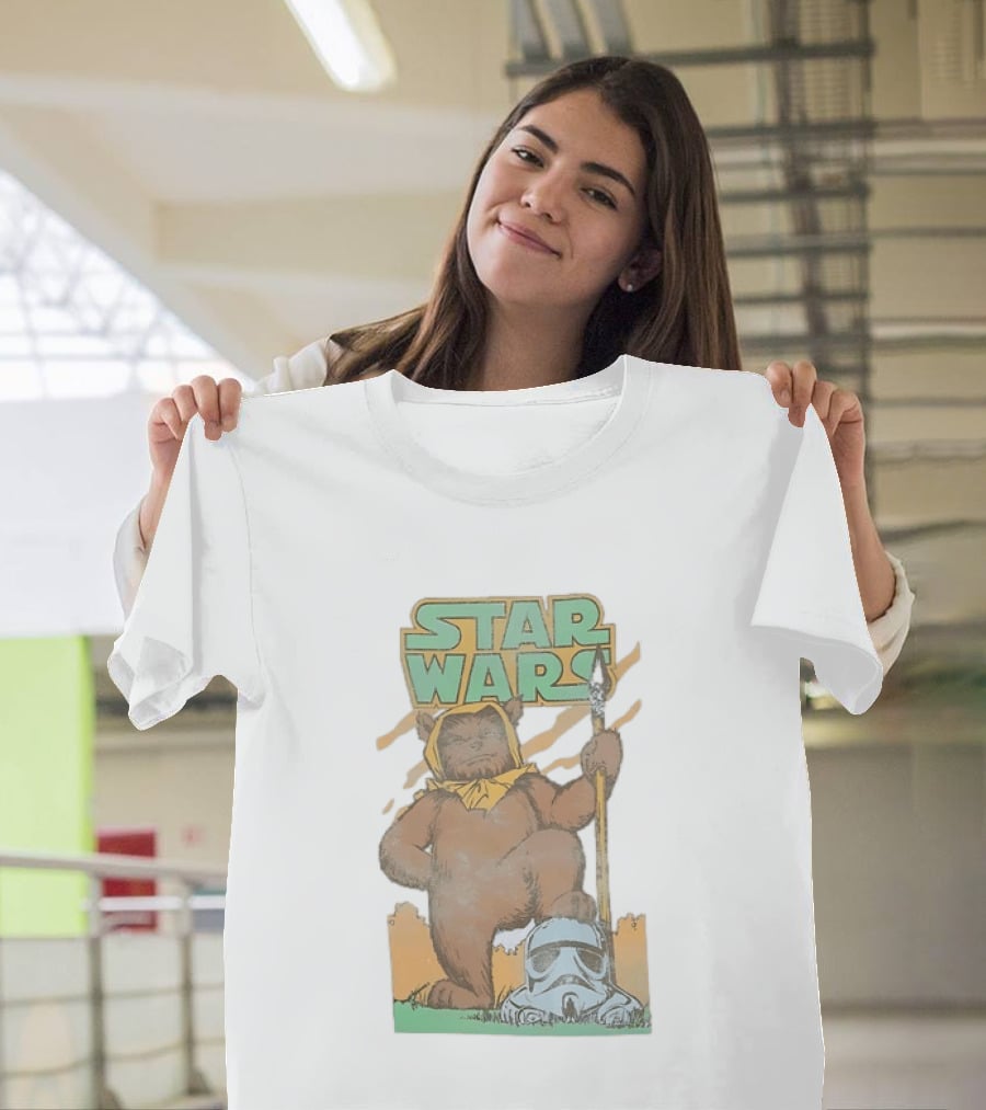Star Wars Ewok Holding Spear With Stormtrooper Helmet T-Shirt