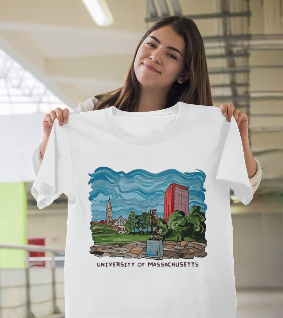 University Of Massachusetts Landmark Campus Scene Tower And Trees T-Shirt
