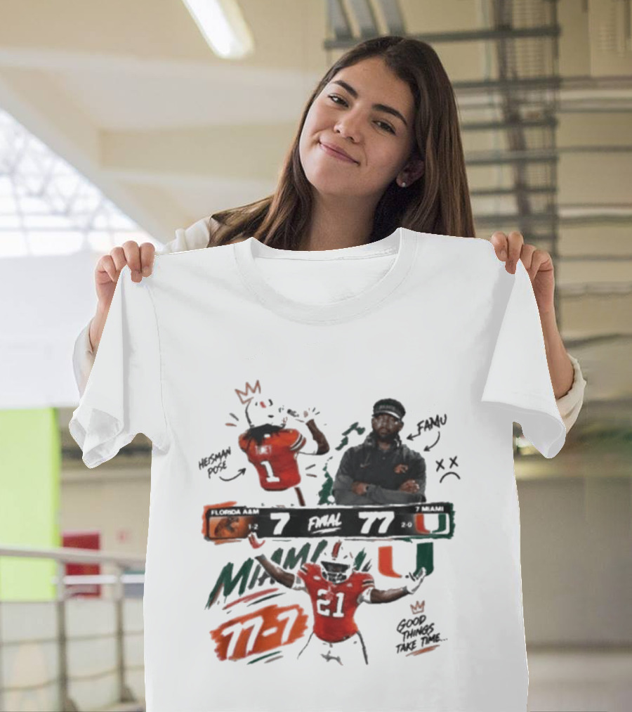 Miami 77 Final Florida A&M 7 College Football Game Highlights T-Shirt