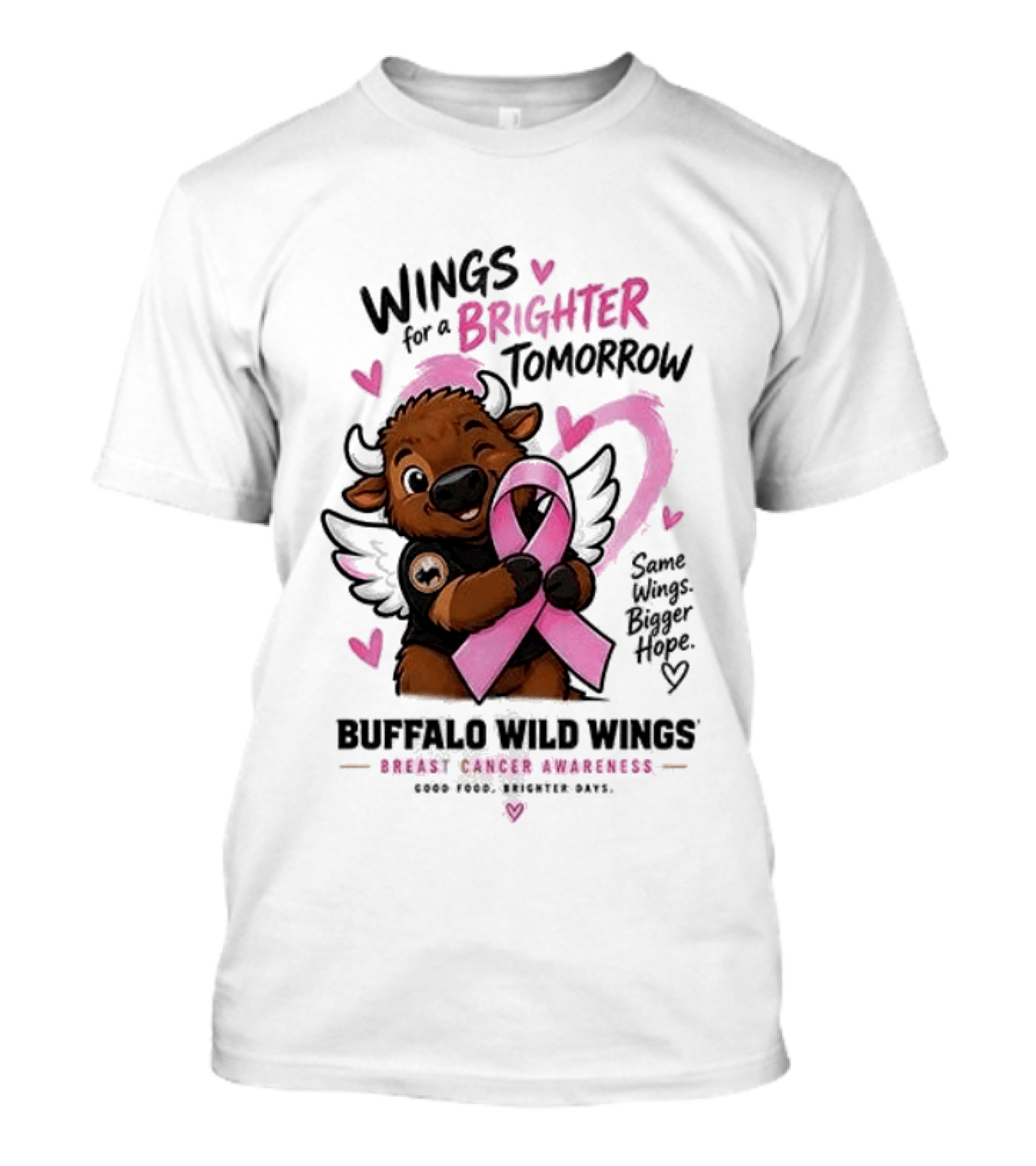 Wings For A Brighter Tomorrow Buffalo Wild Wings Breast Cancer Awareness Pink Ribbon Hearts T-Shirt