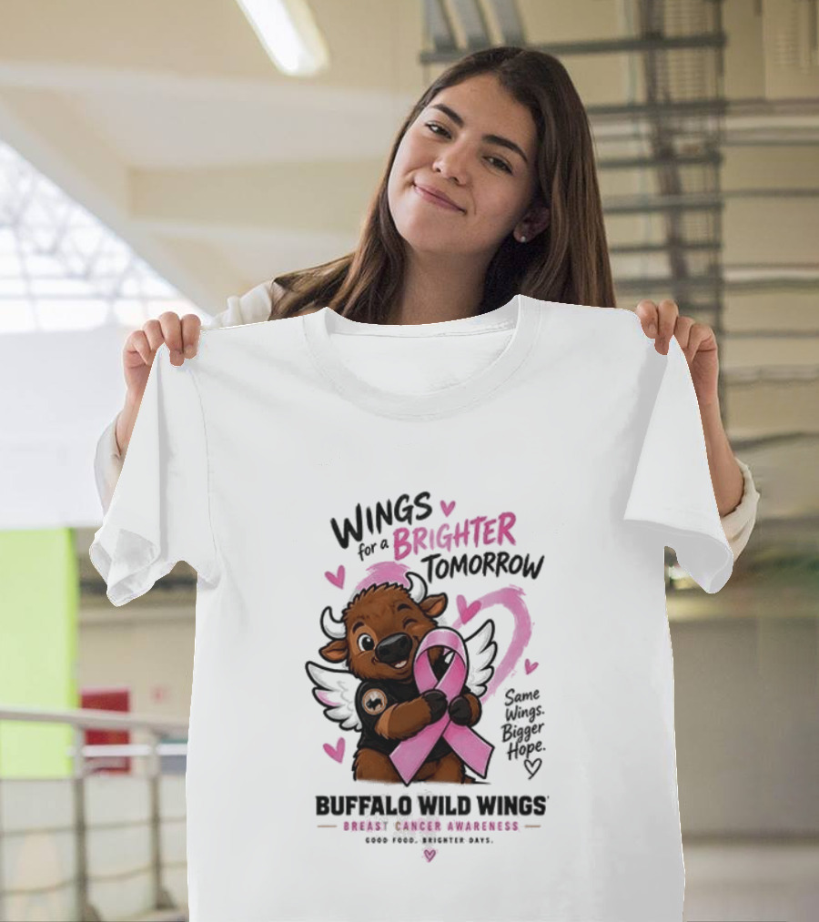 Wings For A Brighter Tomorrow Buffalo Wild Wings Breast Cancer Awareness Pink Ribbon Hearts T-Shirt