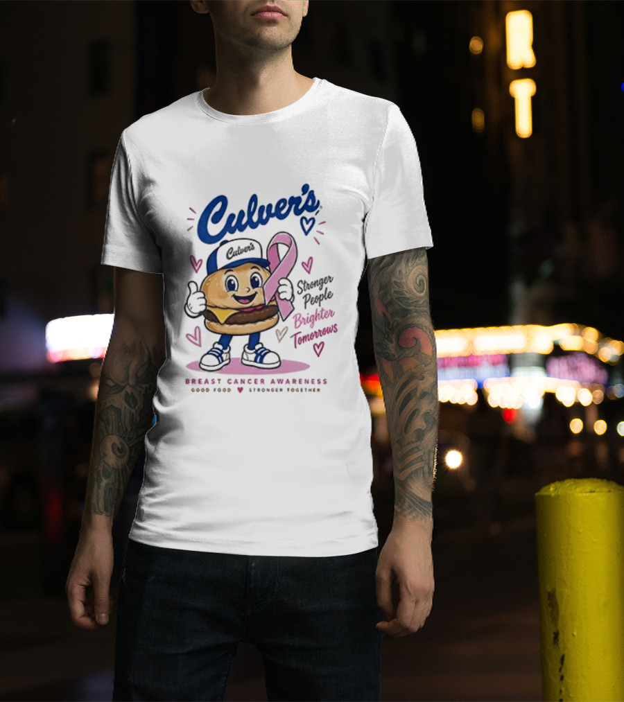 Culver's Breast Cancer Awareness Stronger People Brighter Tomorrows Burger Character With Pink Ribbon T-Shirt