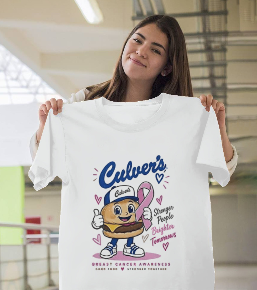 Culver's Breast Cancer Awareness Stronger People Brighter Tomorrows Burger Character With Pink Ribbon T-Shirt