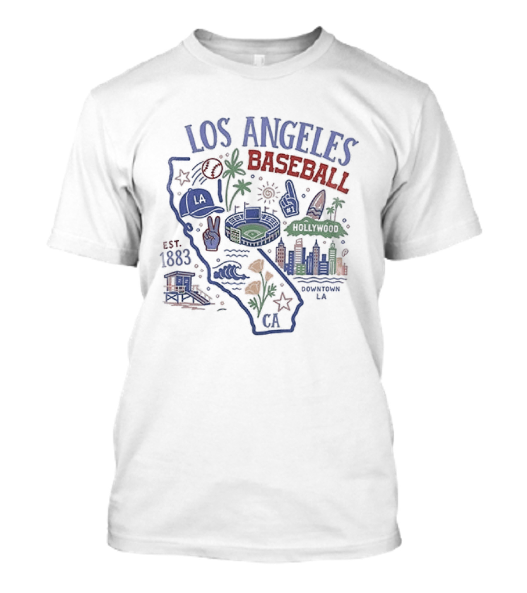 Los Angeles Baseball Est 1883 California Map Stadium And Poppy Flowers T-Shirt