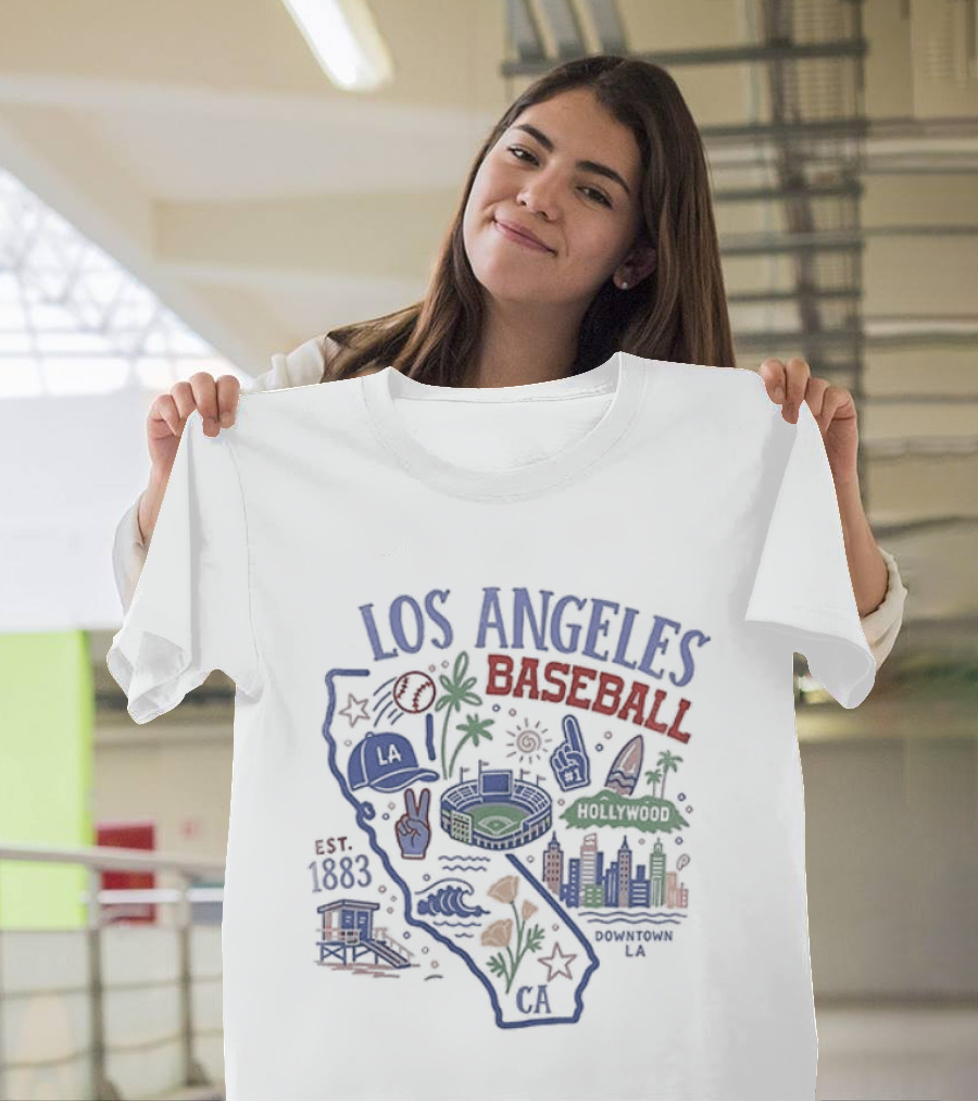 Los Angeles Baseball Est 1883 California Map Stadium And Poppy Flowers T-Shirt