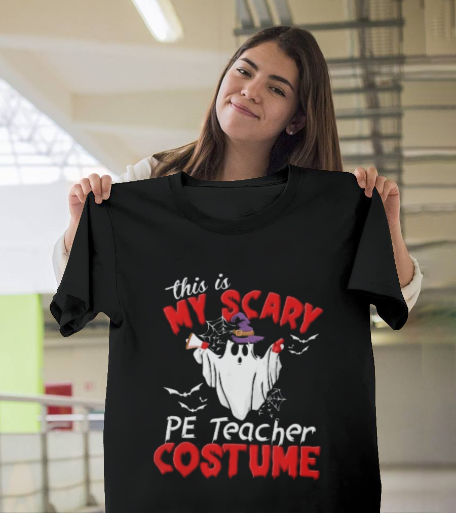 Scary PE Teacher Costume Ghost Witch Hat Whistle Megaphone Halloween T-Shirt