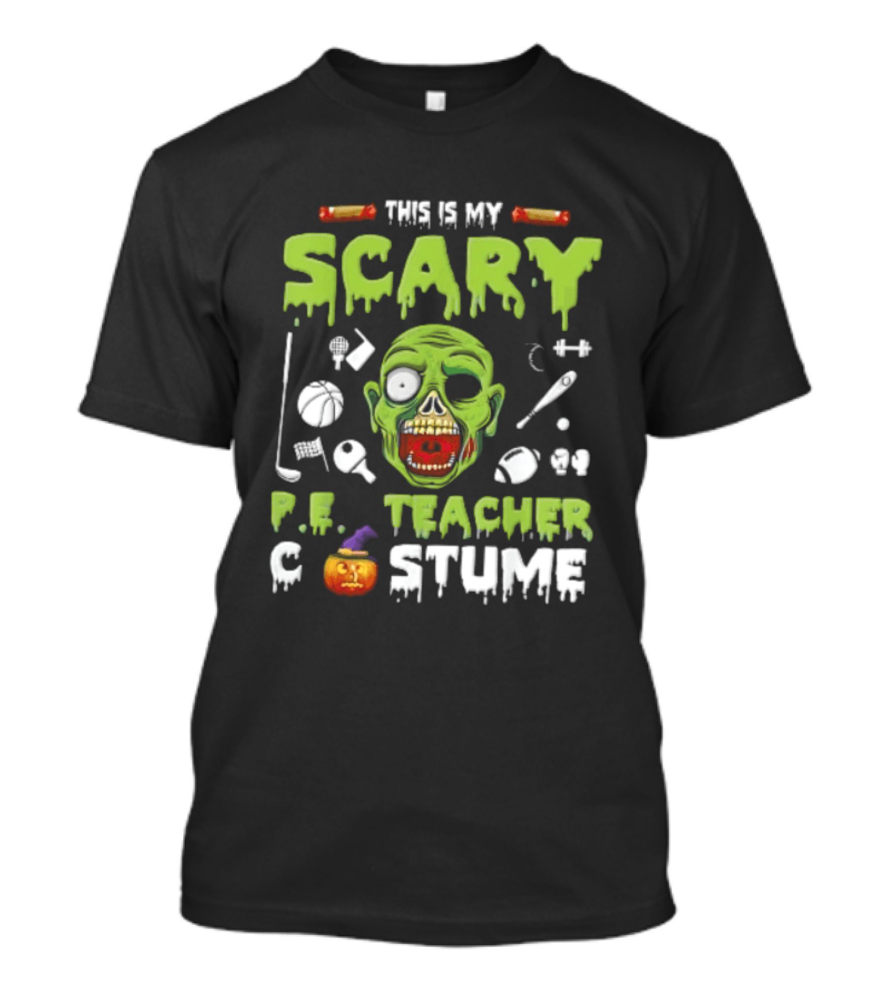 This Is My Scary PE Teacher Costume Zombie Head Sports Equipment Pumpkin T-Shirt
