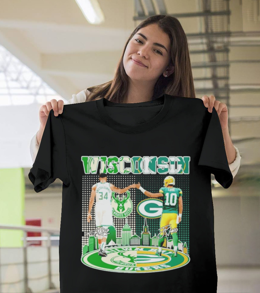 Wisconsin Milwaukee Bucks Giannis Antetokounmpo Green Bay Packers Jordan Love T-Shirt