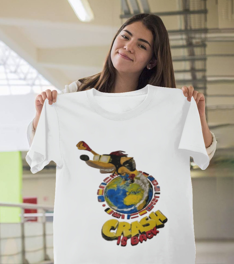 Crash Is Back Jetpack Adventure World Flags Globe Cartoon T-Shirt