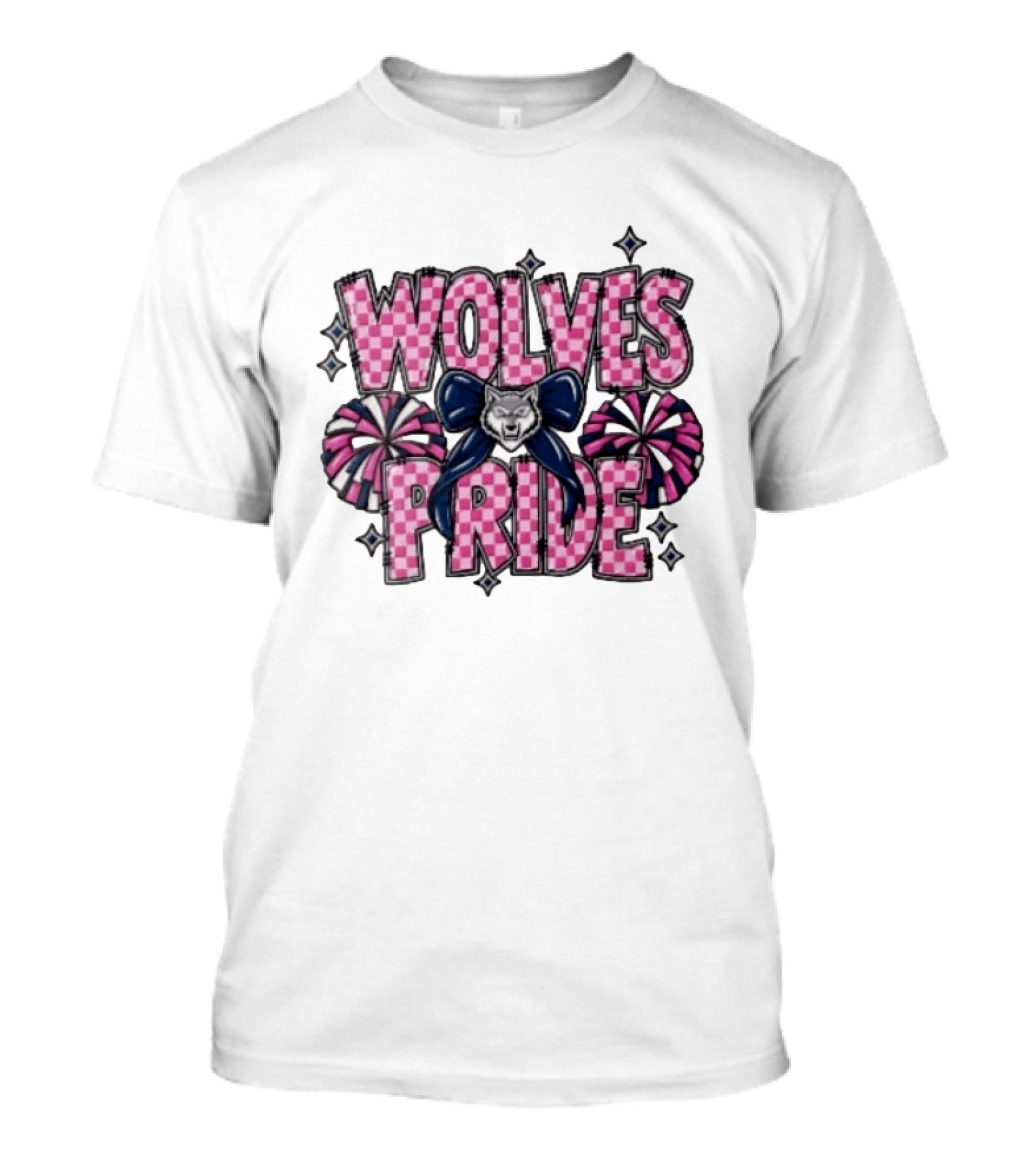 Wolves Pride Pink Checkered Cheerleading Pompoms And Wolf Bow T-Shirt