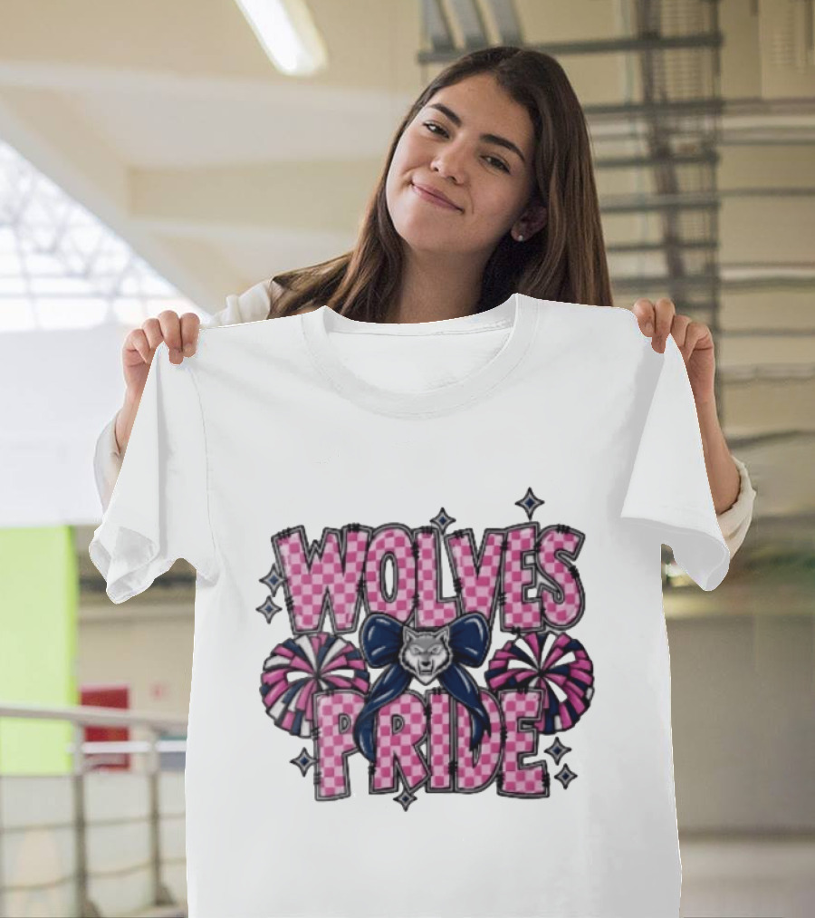 Wolves Pride Pink Checkered Cheerleading Pompoms And Wolf Bow T-Shirt
