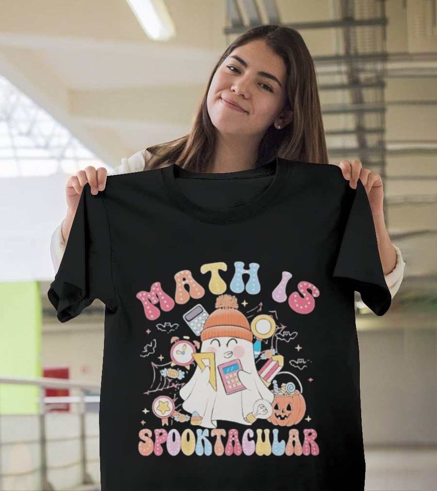 Math Is Spooktacular Ghost Halloween Teacher Kawaii Pumpkin Calculators T-Shirt