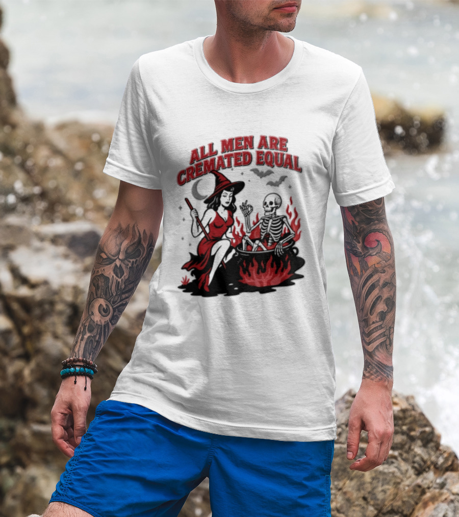 All Men Are Cremated Equal Witch Skeleton Cauldron Halloween T-Shirt
