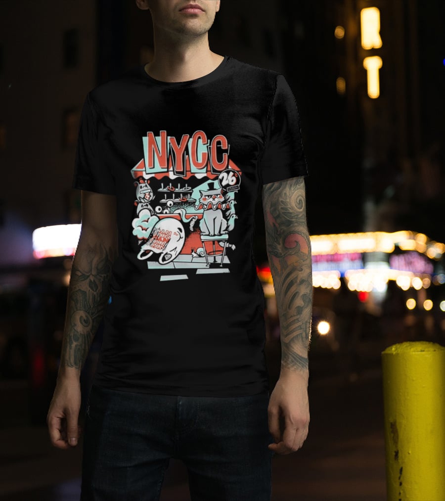 NYCC 26 Cent 1 Throw Carnival Cat Retro Style Comic Fairground Fun T-Shirt