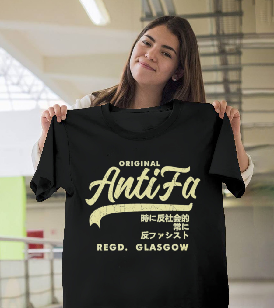 Original AntiFa Regd Glasgow Distressed Japanese Text Anti Fascist T-Shirt