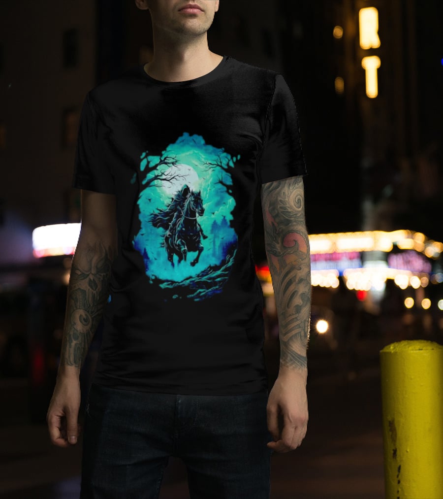 Headless Horseman Eerie Night Ride Through Spooky Forest T-Shirt