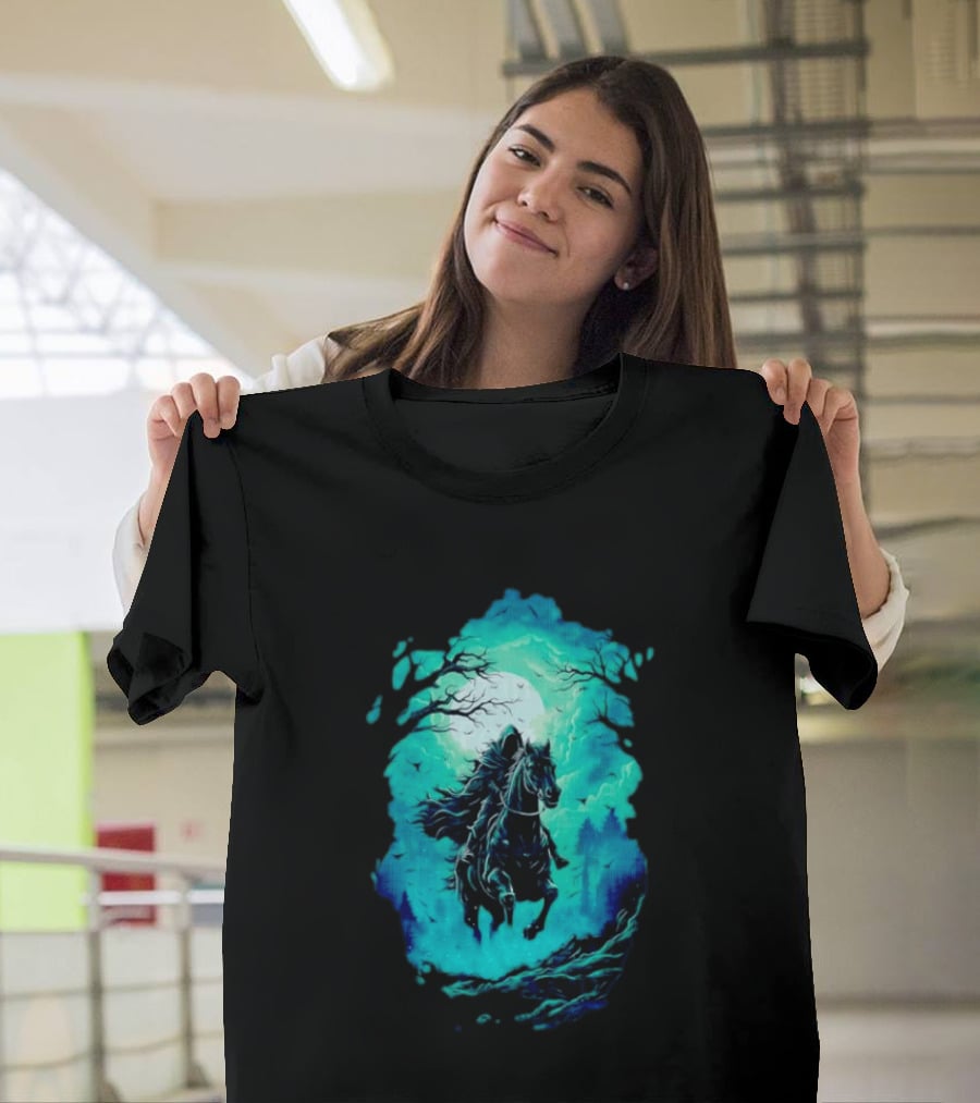 Headless Horseman Eerie Night Ride Through Spooky Forest T-Shirt