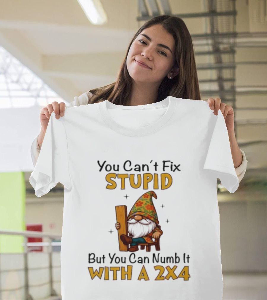 You Can't Fix Stupid But You Can Numb It With A 2x4 Gnome Holding Wood Humor T-Shirt