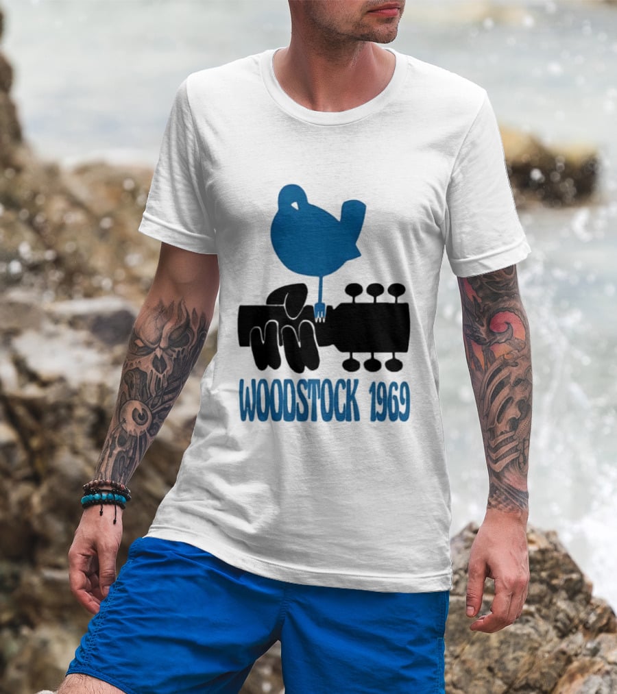 Woodstock 1969 Music Festival Bird On Guitar Neck T-Shirt